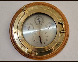 Brass and Wood Porthole Ship"s Clock
