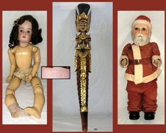 Large Antique Doll; Handmade in Germany, Vintage Wooden Deity and Antique Santa