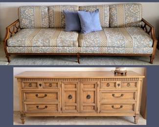 Cool Vintage Sofa with Beautiful Upholstery and Vintage Dresser which is Part of the Primary BD Set