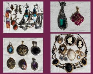 Sterling Earrings, 14K Gold Pendant and Cameos