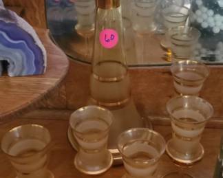 VTG Amber Glass Decanter Set - Decanter, Stopper, and 5 Cordial Glasses..