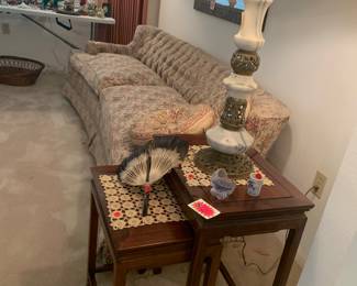 French nesting tables, marble and brass table lamps