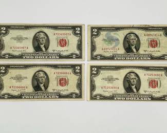 Four 1953 B $2 Legal Tender Notes