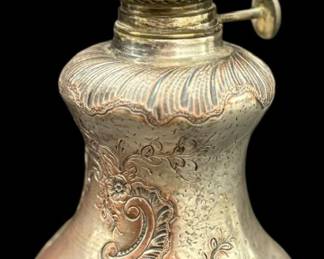 Engraved Silver Over Copper Oil Lamp