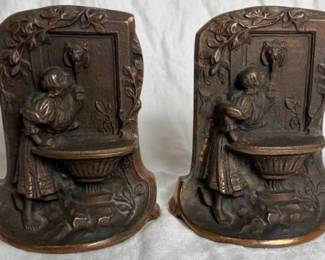 Antique Pair of Solid Bronze Bookends "Girl Drinking from Lion Fountain"