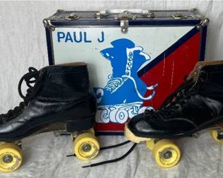 Vintage Mens Black Leather Roller Skates with Case
