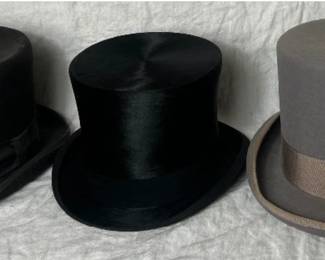 Collection of Top Hats- Dorfman Pacific Mad Hatter, Vintage Broner Black Top Hat and Halle Bros Co. Cleveland Top Hat
