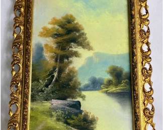 Antique William Henry Chandler(?) Landscape Pastel Painting in Gold Toned Ornate Frame