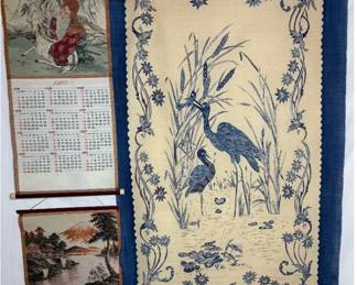 3 Asian Wall Hangings - Batik Crane and Silk Calendars