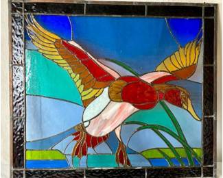 Leaded Glass "Mallard Duck In Flight" Stained Glass Window