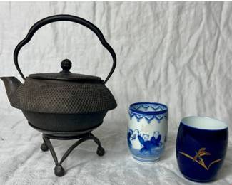 Vintage Japanese Cast Iron Studded Single Handle Teapot with 2 Two Porcelain Teacups
