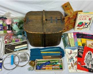 Grandma's Antique Sewing Box loaded with Knitting Needles, Embroidery Hoops, Yarn, Vintage Embroidery Project, and Better Homes and Gardens Vintage Sewing Book