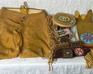 Replica Leather and Beaded Collection - Leather Pants with Fringe, Leather Beaded Belt with Pawnee Knife & Holder, and Beaded Bag Pouch