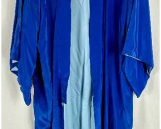Vintage Japanese Blue Silk Kimono Robe with Gold Embroidery