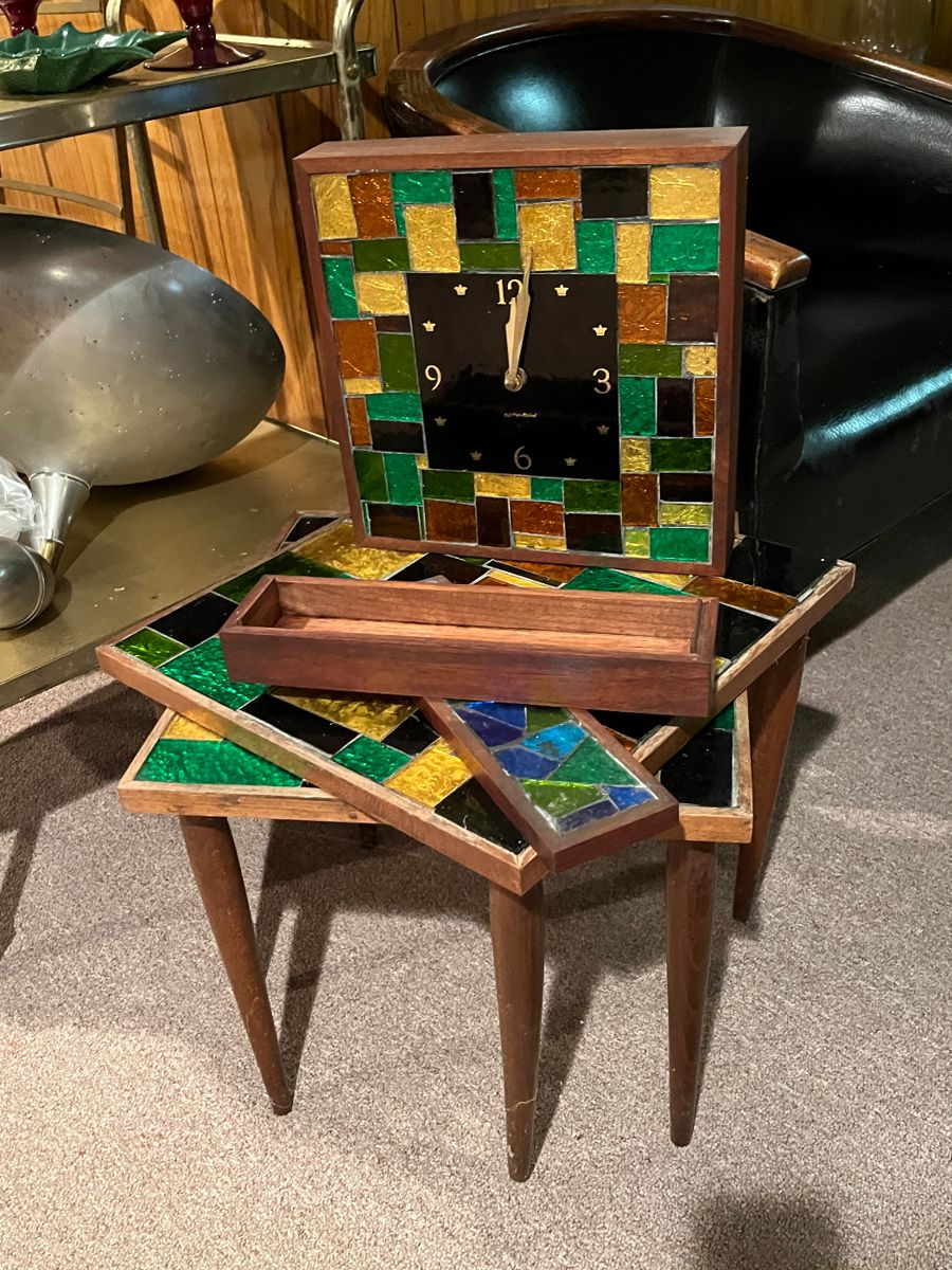 MCM stacking tables, wall clock and storage box