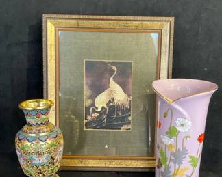 Framed Print of Herons W Gilded Accents, Toyo Japanese Vase, Cloisonne Enamel Vase