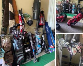 Lots of golf equipment including Cleveland Hibore, Calloway, Mizuno, Taylormade and more.