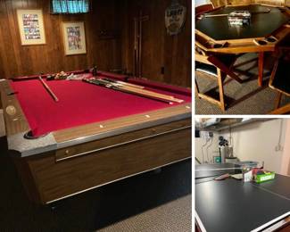 GAME TIME: Vintage Fischer red felt pool table, vintage poker table and Stiga ping-pong table.
