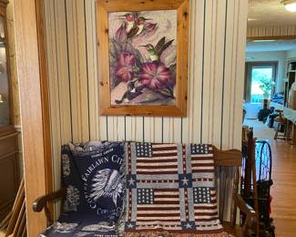 Nice oak entry bench, Copley-Fairlawn City afghan along with a wide variety of other blankets.
