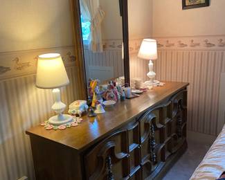 1970's deep ornate bedroom set. Includes nightstand, dresser with two mirrors, chest of drawers. King size bed with mattress also available.