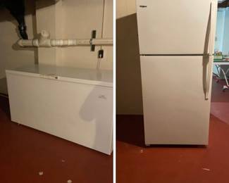 Crosley industrial grade home freezer and Whirlpool refrigerator.