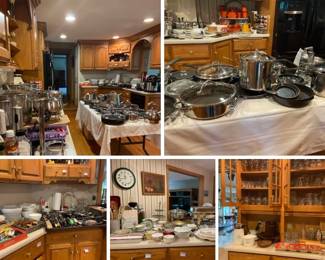 Kitchen is filled with gourmet cookware, small appliances, dishware, serving pieces, roasters, chafing dishes and more.