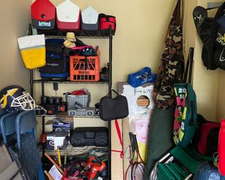 Coolers, Corn hole game, tent, camping chairs, lawn chairs, card table chairs, croquet set, various lawn tools.