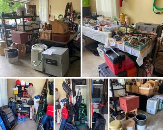 Garage is filled with tools, coolers, camp chairs, corn hole, luggage and canvas bags, Copley stadium seats, old crocks, Coca Cola red painted wood box, Fire Fyter safe and more!
