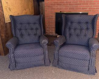 Pair of upholstered recliners (one recliner is also a rocker).