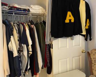 U of A sweaters! Vintage clothes hamper and nice selection of men's clothes, shoes and hats. Two closets full of men's and women's clothes, designer purses, shoes, hats.