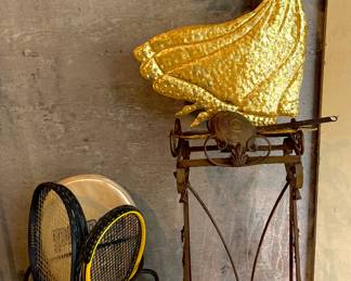 Tennis rackets, wrought iron plant stand , metal angel