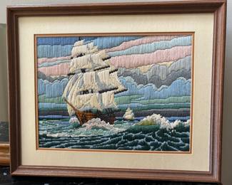 Framed Needlepoint Ship