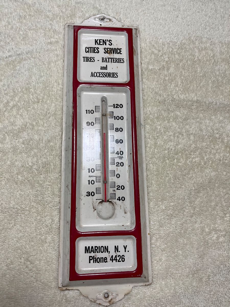 Vintage advertising thermometer for Ken's Cities Service in Marion NY