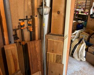 Vintage Teakie Torches, furniture clamps, stove pipe and assorted wood.