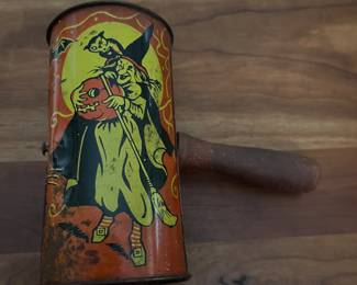 Vintage Kirchhof Halloween Tin Can Rattle Noisemaker with Witch Cat Clown pumpkins.