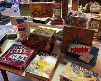 Vintage games, such as tiddled winks, Back-O, ring, toss, erector set, Wooden blocks, tinker toys