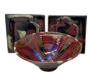 Signed Patton Rust Red Glazed Pottery Bowl and Square Bedford Plates