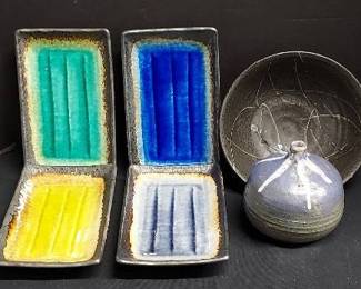 4 Colorful Rectangular Pottery Plates * Bowl * Vase