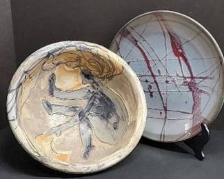 Large Signed Incised Glazed Bowl-Woman Design & 1 More