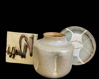 Gray Shades Glazed Signed Pottery Pieces * Vase , Plate , Tile