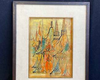 Thailand Artist Framed Gold Leaf on Painting 1971