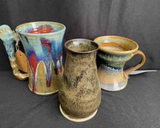 Handmade Signed Glazed Pottery Vessels and Vase