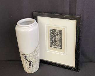 Kokopelli Framed Art ‘ Change of Song ‘ Handmade Pottery Vase
