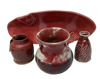 Signed Red Tones Pottery Pieces * Three Vases and a Tray