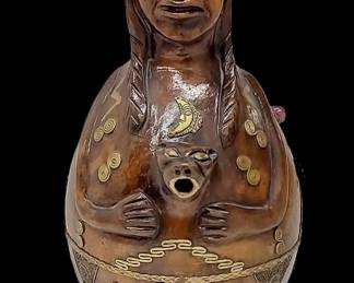 RARE! Ceramic Native American Spouted Vessel With Applied Metal & Stones