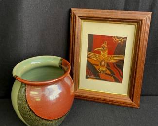 BRUNING Pottery Glazed Vase with Native American Hummingbird Print