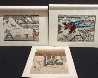 3 Japanese Woodblock Reprints* Bow Maker * Downtown in Heavy Snow * Travelers in the Echigo District
