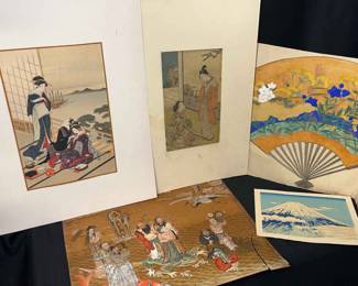 5 Asian Works on Paper * Kiyoshi Saito Chinese Immortals * Toyoharu Woodblock Reprint