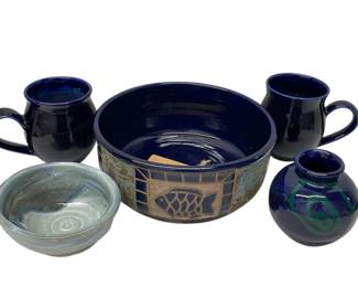 Signed Navy Blue Glazed Pottery Pieces * Unique Wildlife Collage Bowl Etc