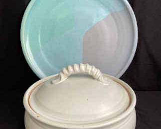 Cream Glazed Lidded Serving Dish * Large Aqua Colored Platter